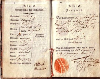 Wanderbuch, Albert Strauß, 1816, Zeugnis