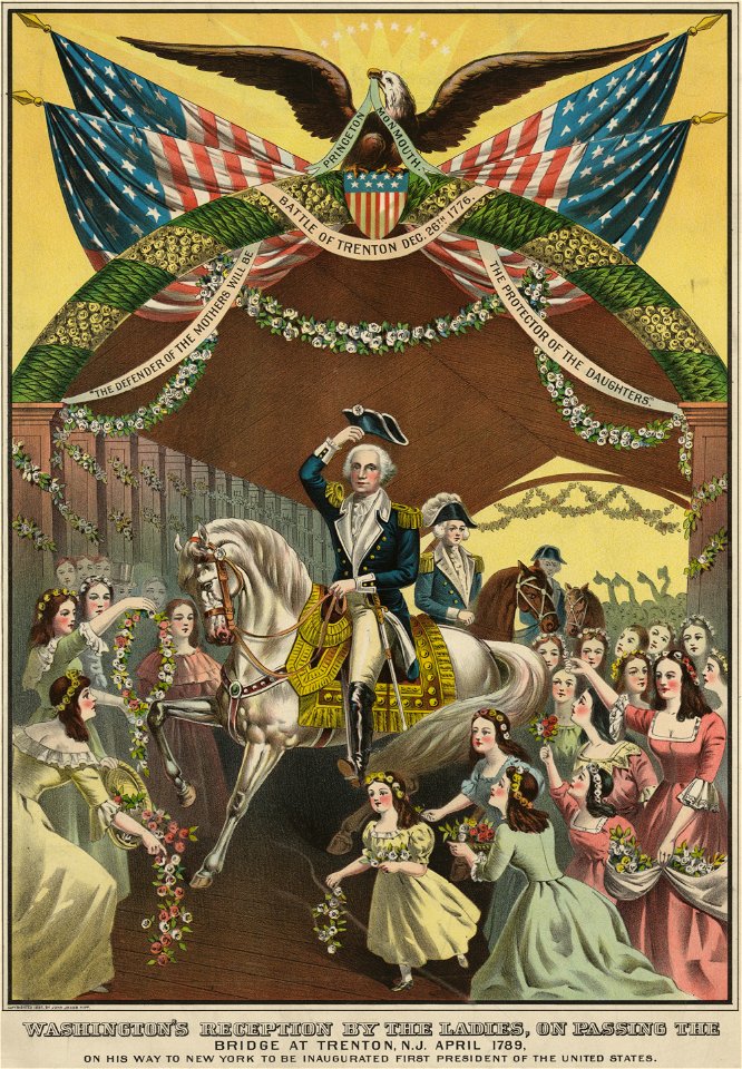 Washington's reception by the ladies, on passing the bridge at Trenton, N.J. April 1789, on his way to New York to be inaugurated first president of the United States (cropped)