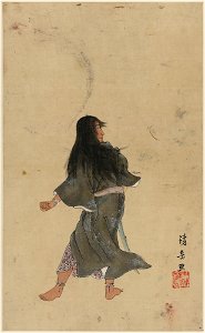 Warrior or actor with long hair and bracelets around wrist and ankles, full-length, seen from behind, holding a sword LCCN2009615299. Free illustration for personal and commercial use.