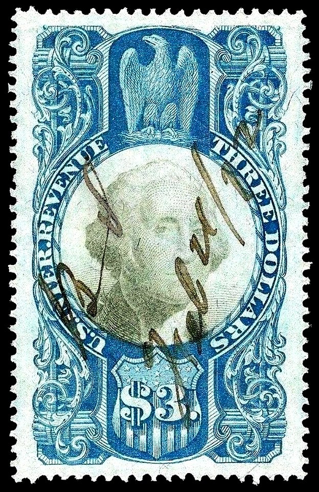 Washington revenue stamp1 $3 1871 issue R125