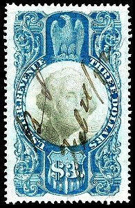 Washington revenue stamp1 $3 1871 issue R125