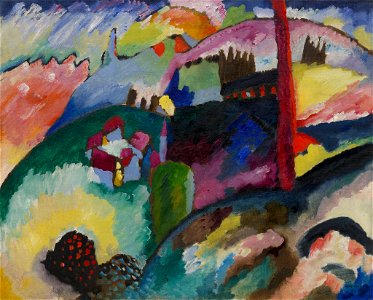 Wassily Kandinsky, 1910, Landscape with Factory Chimney, oil on canvas, 66.2 x 82 cm, Solomon R. Guggenheim Museum. Free illustration for personal and commercial use.