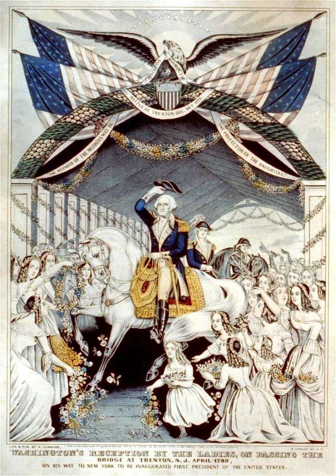 Washington's reception by the ladies, on passing the bridge at Trenton, N.J. April 1789, on his way to New York to be inaugurated first president of the United States LCCN93503440
