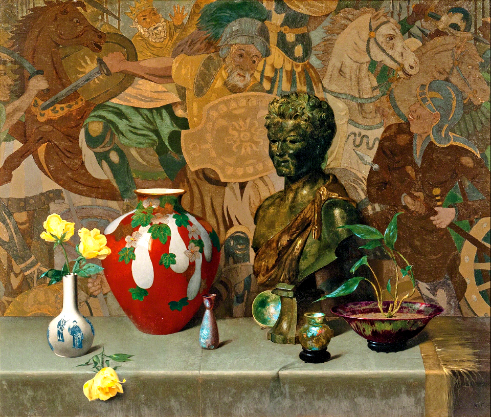Watrous--Still Life with Objets dArt and Yellow Roses