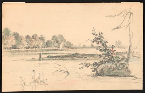 Waterscape showing the shore of the Delaware River and a sailboat at center LCCN2016645578