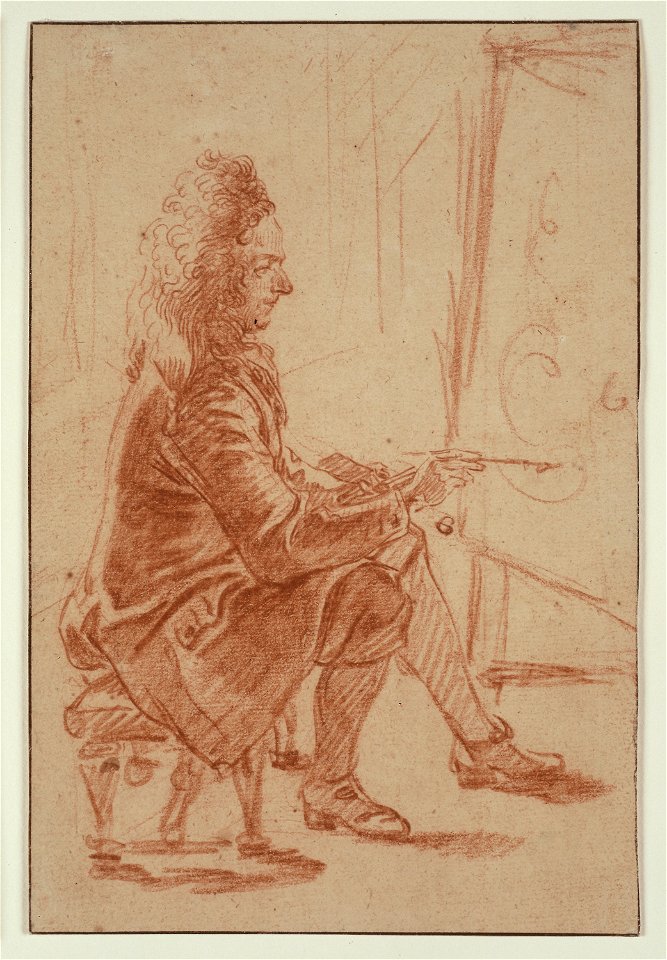 Watteau, Antoine — A Bewigged Painter (Possibly Claude Audran), Seated at his Easel, Seen in Profile