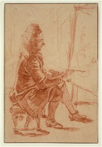 Watteau, Antoine — A Bewigged Painter (Possibly Claude Audran), Seated at his Easel, Seen in Profile. Free illustration for personal and commercial use.