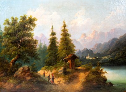 Bavarian Landscape with Three Pilgrims and a Dog by Paul Weber, 1874