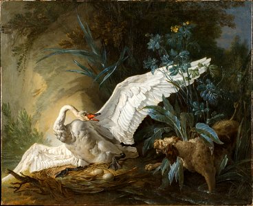 Water Spaniel Surprising a Swan on its Nest (Jean-Baptiste Oudry) - Nationalmuseum - 117886. Free illustration for personal and commercial use.