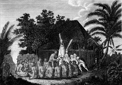Engraving - An Offering before Captain Cook in the Sandwich Islands. Free illustration for personal and commercial use.