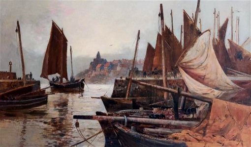 Oil on canvas painting of sailboats in a harbor by Robert Wellesley Webster