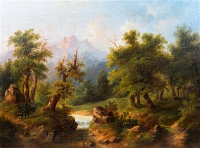 Bavarian Landscape with Hunter with Dog and Three Deer on Opposite Riverbanks by Paul Weber