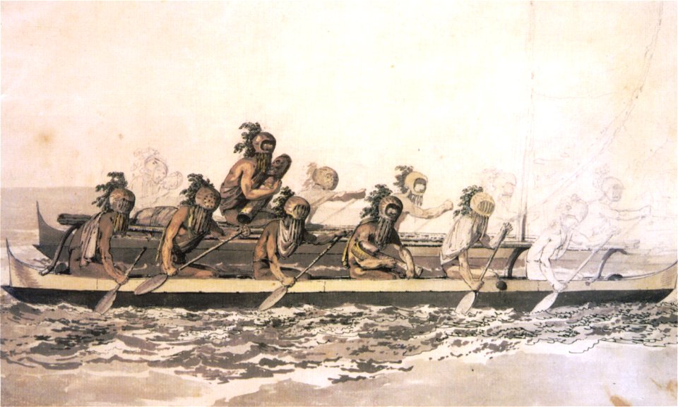 'Canoe of the Sandwich Islands, the Rowers Masked', by John Webber, c. 1778
