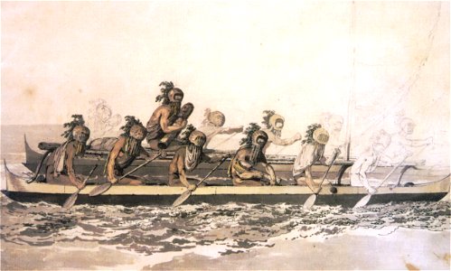 'Canoe of the Sandwich Islands, the Rowers Masked', by John Webber, c. 1778. Free illustration for personal and commercial use.