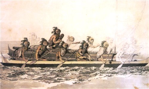 'Canoe of the Sandwich Islands, the Rowers Masked', by John Webber, c. 1778