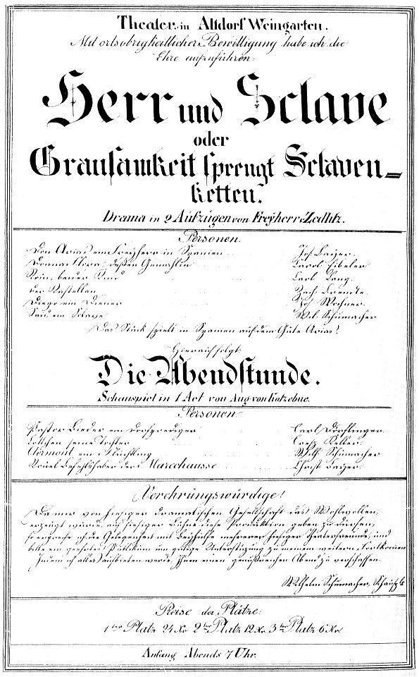 Weingarten Theaterzettel 1840s Herr und Sclave