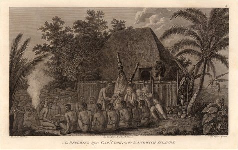 An offering before Capt. Cook, in the Sandwich Islands. Drawn by J. Webber. Free illustration for personal and commercial use.