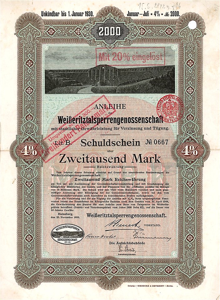 Weißeritztalsperrengenossenschaft 2000 Mk 1909