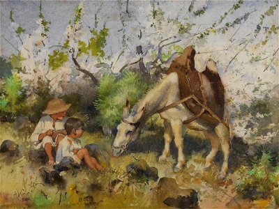 Julian Alden Weir - Summer landscape with children and donkey (1890). Free illustration for personal and commercial use.