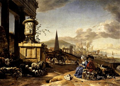 Jan Weenix - An Italian Seaport - WGA25506. Free illustration for personal and commercial use.