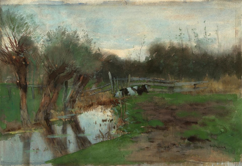 Weiland met liggende koe bij een sloot Rijksmuseum SK-A-2486