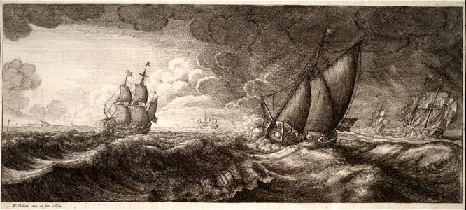 Wenceslas Hollar - A yacht and three warships in a storm (State 1)