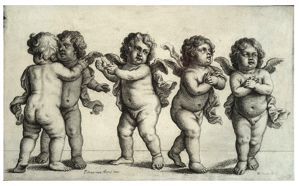 Wenceslas Hollar - Four cherubs and a small boy standing (State 1)