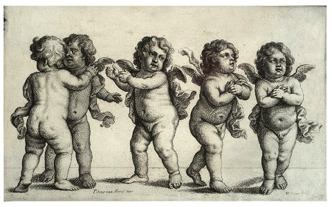Wenceslas Hollar - Four cherubs and a small boy standing (State 1). Free illustration for personal and commercial use.