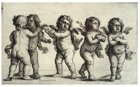 Wenceslas Hollar - Four cherubs and a small boy standing (State 1)