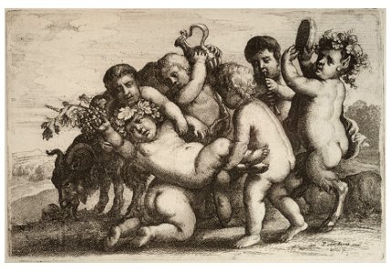 Wenceslas Hollar - Five boys, two satyrs, and a goat. Free illustration for personal and commercial use.