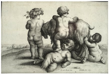 Wenceslas Hollar - Four boys, a young satyr, and a goat. Free illustration for personal and commercial use.