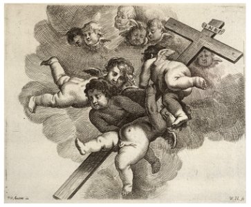 Wenceslas Hollar - Four cherubs carrying a cross. Free illustration for personal and commercial use.