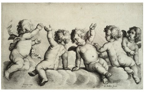 Wenceslas Hollar - Three cherubs and two boys on clouds (State 1)
