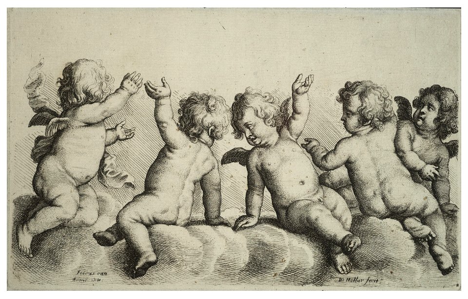 Wenceslas Hollar - Three cherubs and two boys on clouds (State 2)
