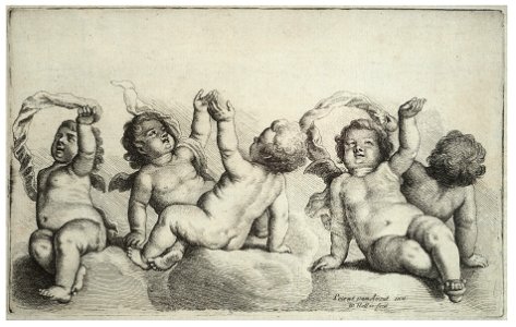 Wenceslas Hollar - Three cherubs and two boys on clouds (State 1) 2