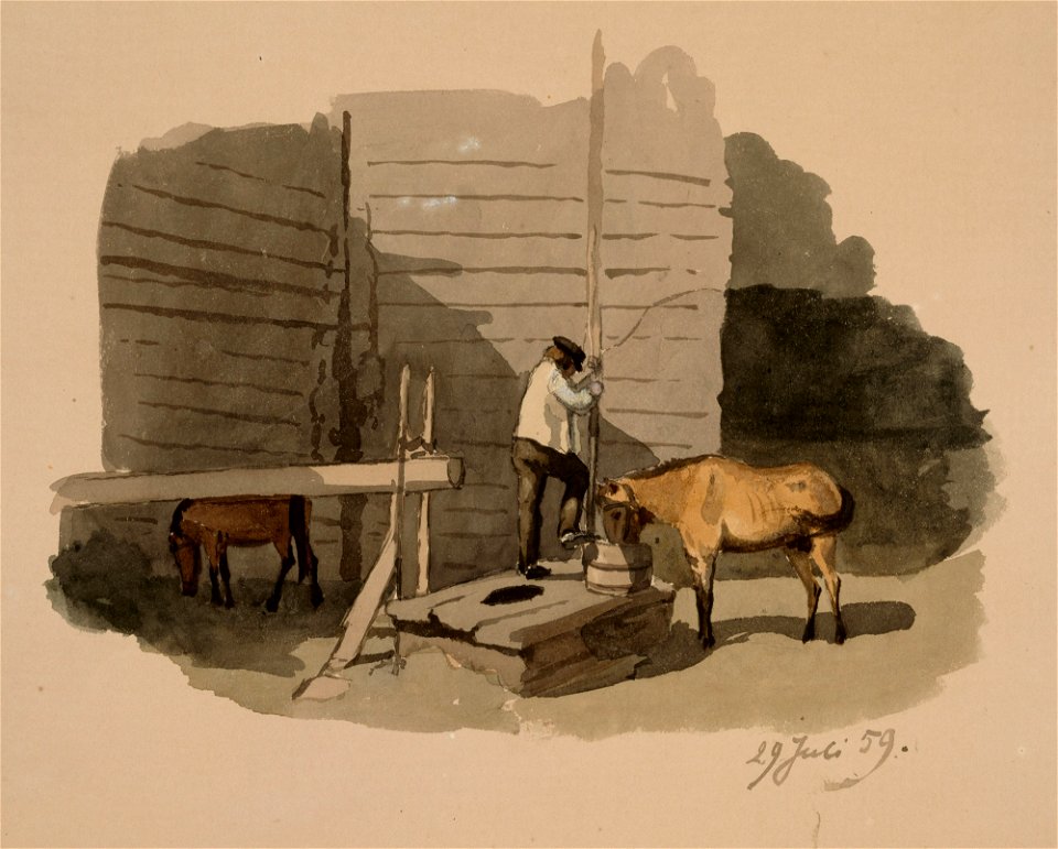 Werner Holmberg - Frithjof Federley juottaa kaivolla hevostaan - A I 470-144 - Finnish National Gallery