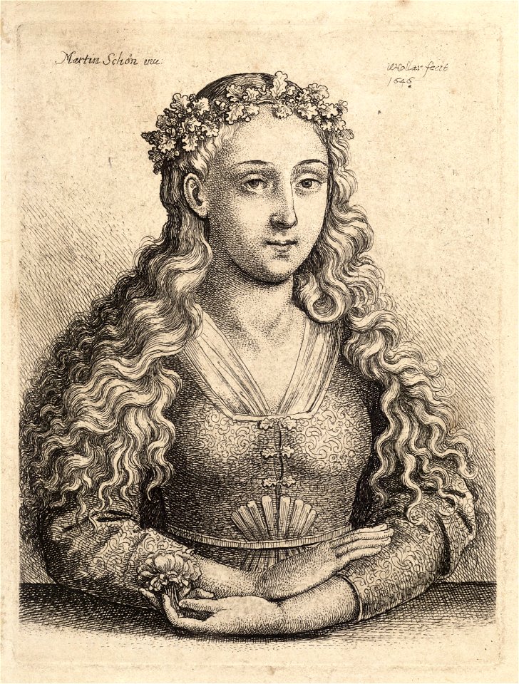 Wenceslas Hollar - Woman with a wreath of oak leaves, after Schongauer (State 1)