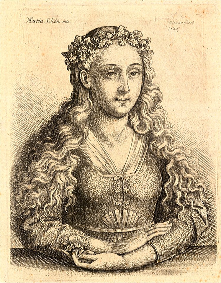 Wenceslas Hollar - Woman with a wreath of oak leaves, after Schongauer (State 3)