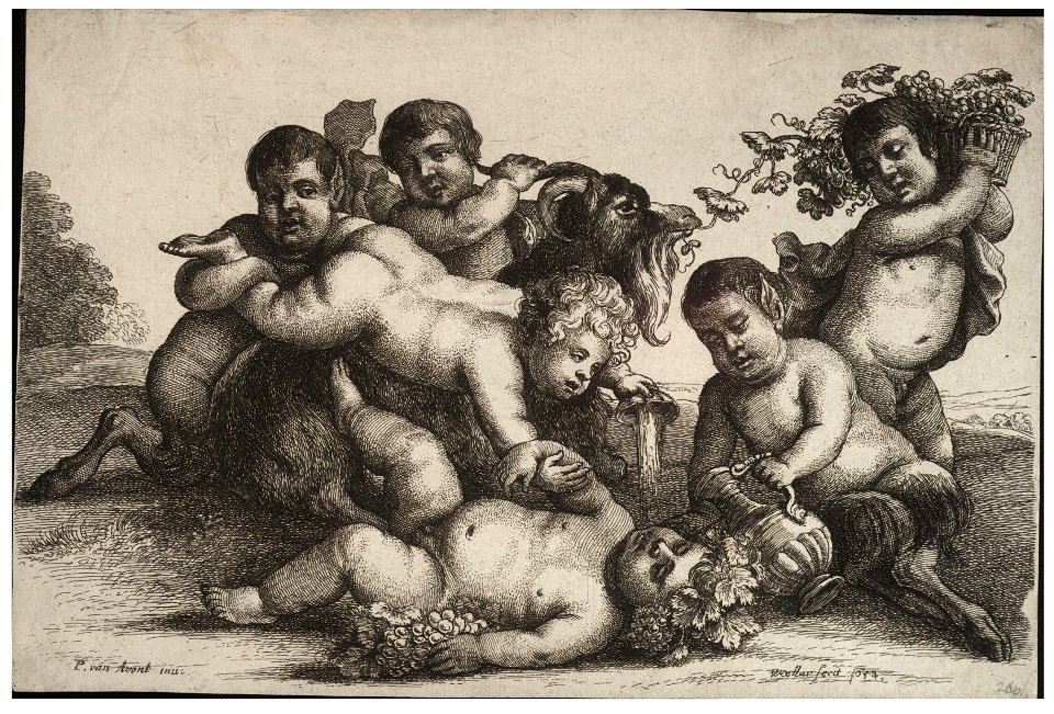 Wenceslas Hollar - Three boys, two satyrs and a goat (State 1)