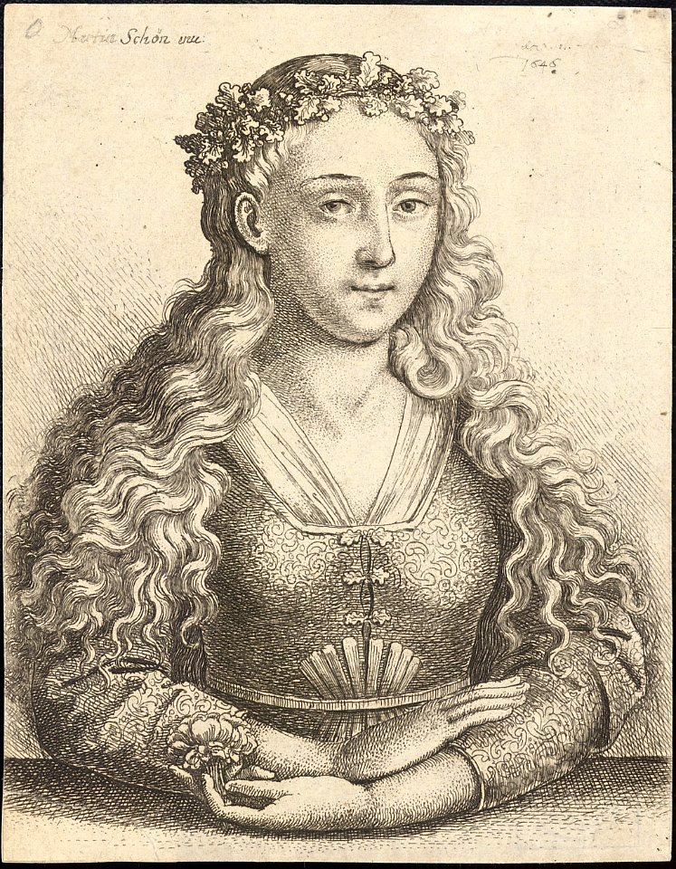 Wenceslas Hollar - Woman with a wreath of oak leaves, after Schongauer (State 6)
