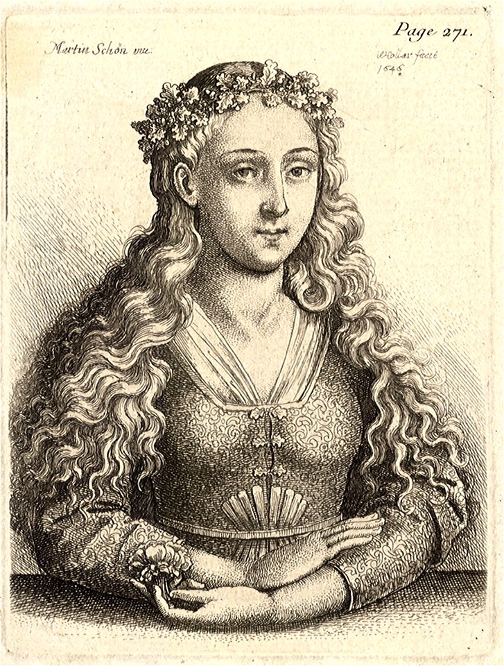 Wenceslas Hollar - Woman with a wreath of oak leaves, after Schongauer (State 2)
