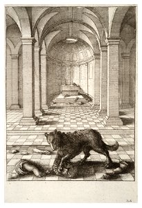 Wenceslas Hollar - The wolf and the statue. Free illustration for personal and commercial use.