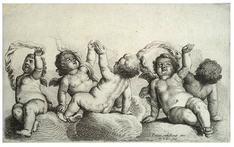 Wenceslas Hollar - Three cherubs and two boys on clouds (State 2) 2. Free illustration for personal and commercial use.