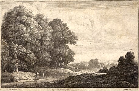 Wenceslas Hollar - Two men beside a wood (Jacques van Artois) (State 2). Free illustration for personal and commercial use.