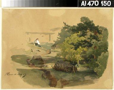 Werner Holmberg - Landscape with Shingle Basket and Woman Sitting - A I 470-150 - Finnish National Gallery
