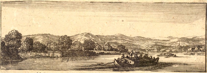 Wenceslas Hollar - Two barges on a river- Ierlbach (State 2). Free illustration for personal and commercial use.