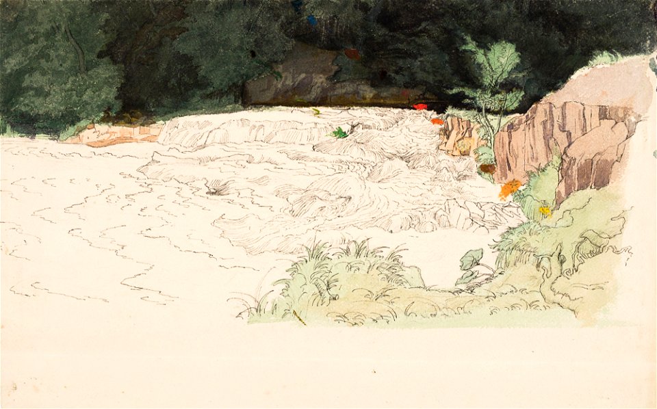 Werner Holmberg - Koski, synkkä metsä, kallio ja ruohikkoinen ranta , keskeneräinen , Valjastettu hevonen, tussipiirustus (kaksipuolinen teos) - A I 470-21 - Finnish National Gallery