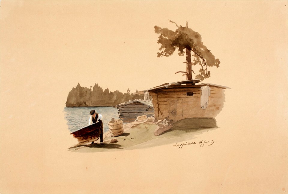 Werner Holmberg - Rantamaisema, jossa venettä maihin vetävä mies - A I 470-142 - Finnish National Gallery