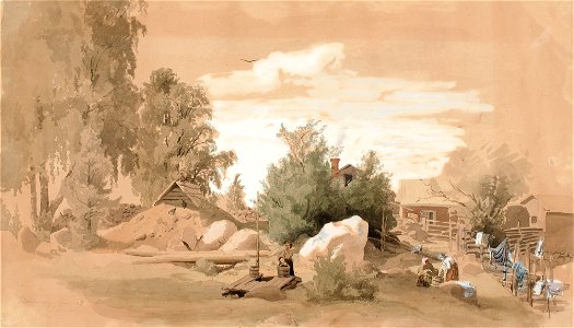 Werner Holmberg - Talon piha, vaatteita peseviä naisia Tuomarinkylässä - A I 470-136 - Finnish National Gallery