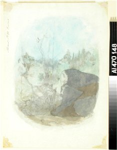 Werner Holmberg - Metsänsisusta ja harjoitelma puiden rungoista , Metsänsisusta, edessä oikealla iso kivi (kaksipuolinen teos) - A I 470-148 - Finnish National Gallery